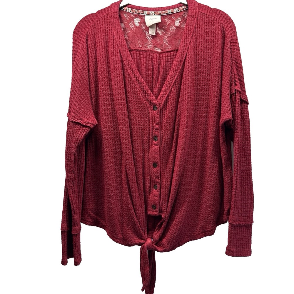 Knox Rose Women's Waffle Knit Top Sz L Red Waist Tie Button Up‎ Long Sleeve Lace